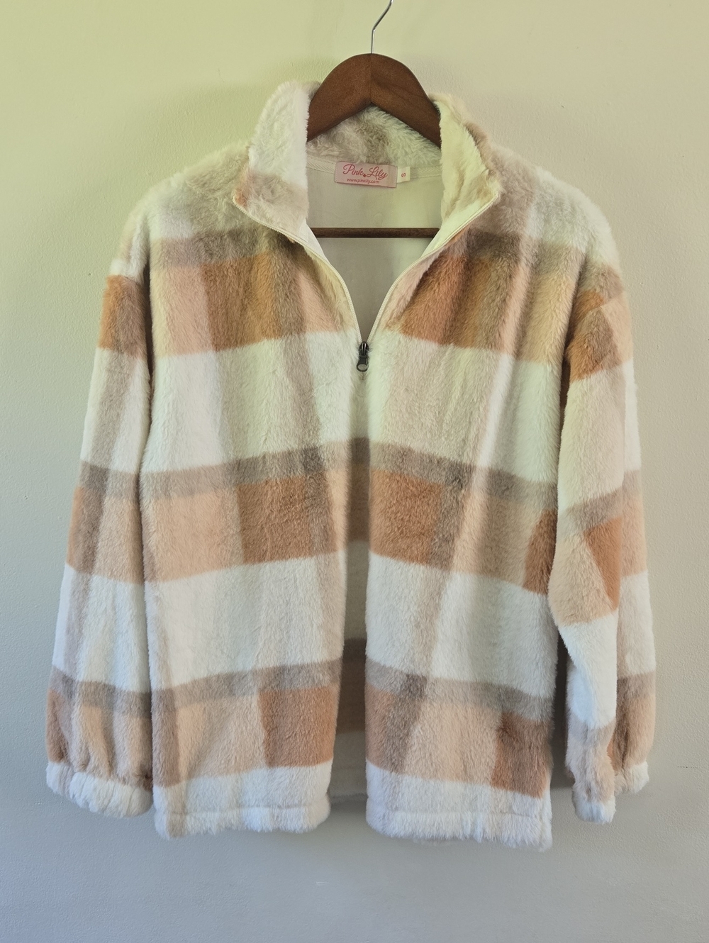 Pink Lily Plaid Teddy Jacket Cream & Brown Small Like New